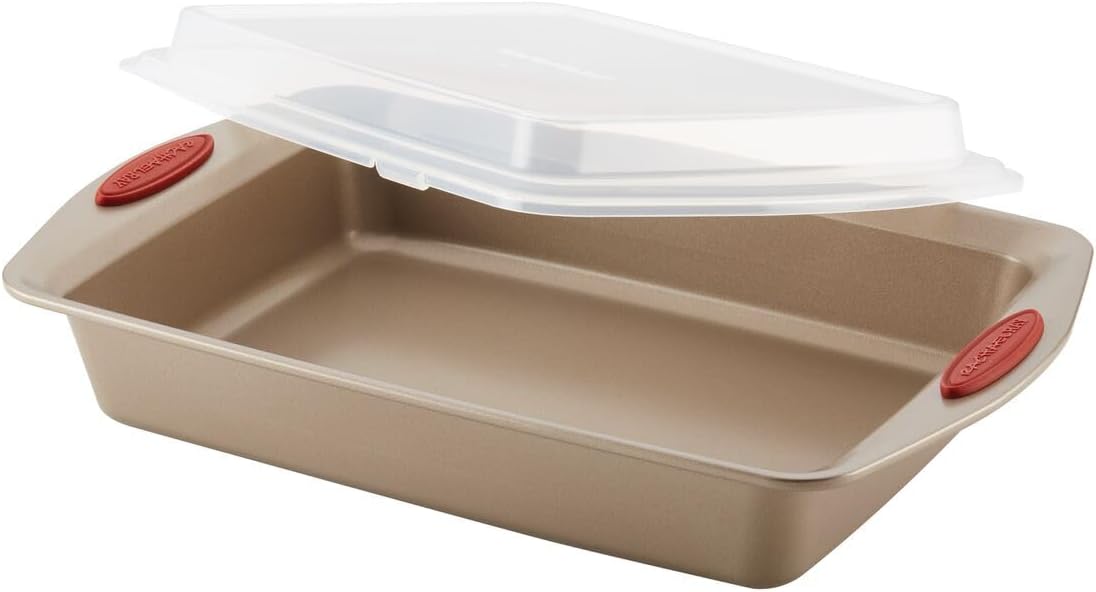 Rachael Ray Cucina Nonstick Bakeware Set Baking Cookie Sheets Cake Muffin Bread Pan, 10 Piece, Latte Brown with Cranberry Red Grips - Image 13