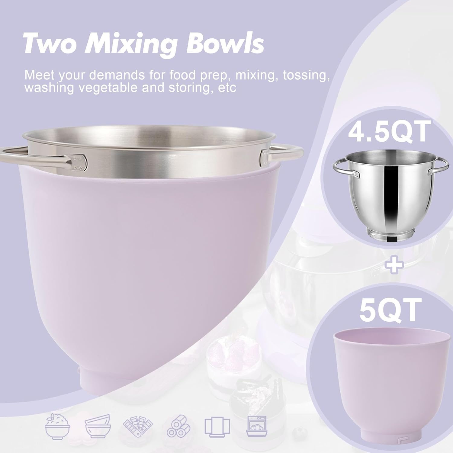 Kitchen in the box Stand Mixer, 4.5QT+5QT Two bowls Electric Food Mixer, 10 Speeds 3-IN-1 Kitchen Mixer for Daily Use with Egg Whisk,Dough Hook,Flat Beater (Lilac, 5QT) - Image 5