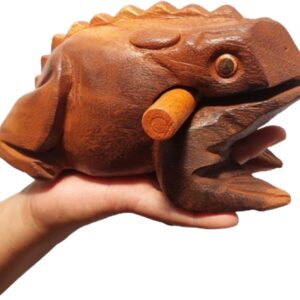Extra Large 9″ Wood Frog Guiro Rasp Percussion Instrument Tone Block Wooden Good Luck Frog Animal Shaped Figurine Handcraft Musical Instruments from Thailand Home Office Decoration (Tan)