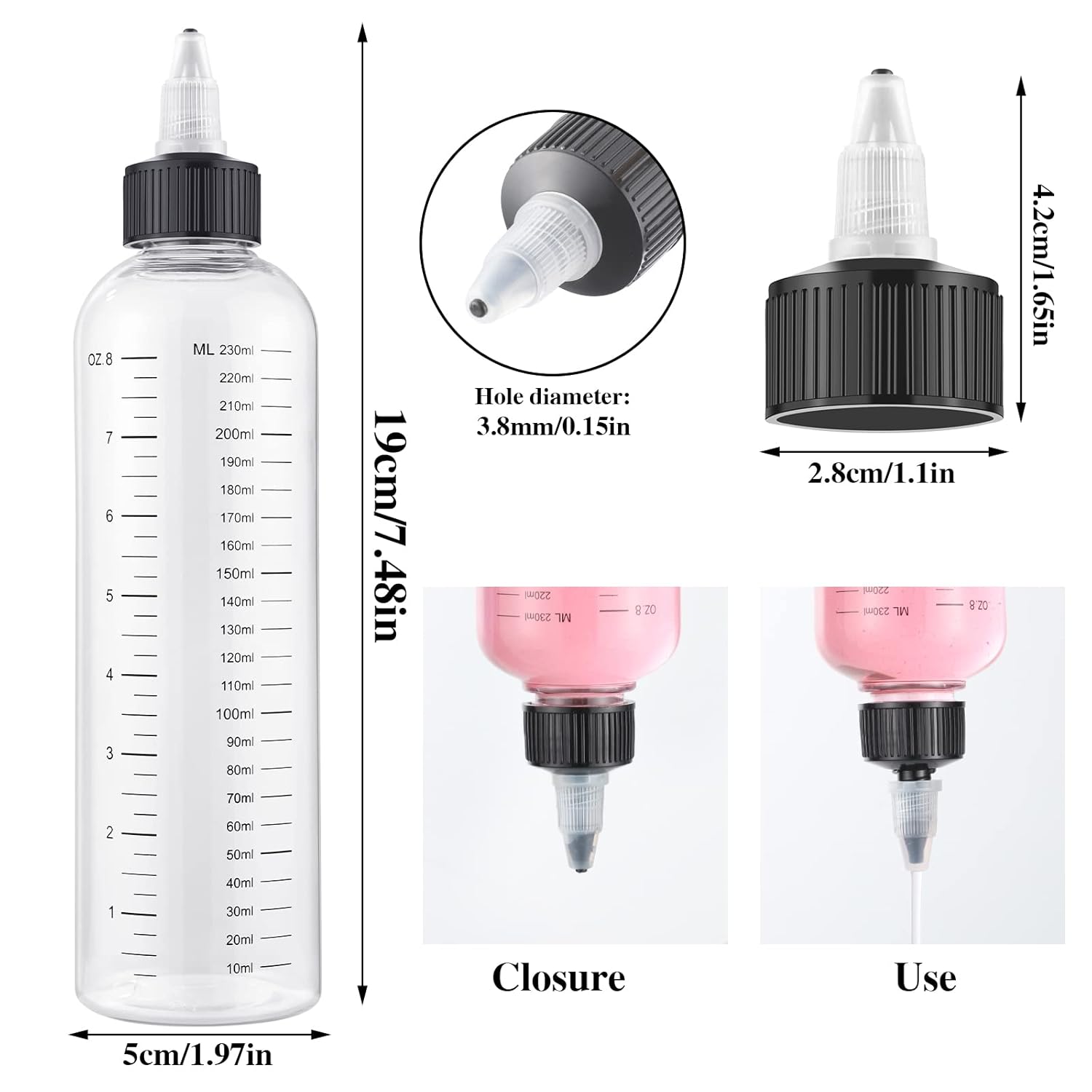 BESARME 2 Pack Applicator Bottle for Hair, 8.5 Ounce Hair Oil Applicator Plastic Squeeze Bottle Root Hair Dye Bottle Twist-On Top Tip Cap with Clear Graduated Scale - Image 4