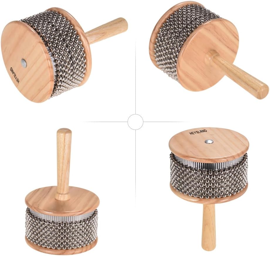 Heysland Wooden Cabasa Percussion Musical Instrument Metal Beaded Chain and Cylinder Pop Hand Shaker for Band Music Education 4.5inch - Image 4