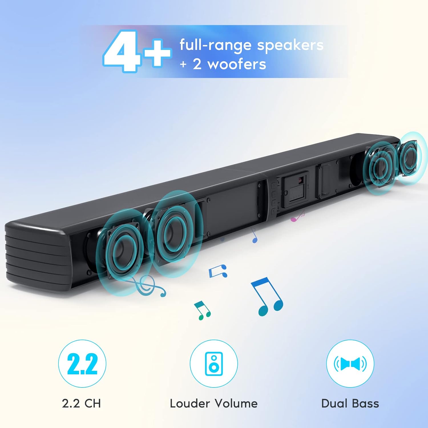 Sound Bar, Bass Speakers for Smart TV with Dual Subwoofer 3D Surround Sound System, 32 Inch 2.2CH Home Theater Audio Soundbar, HDMI ARC Connection, 2 in 1 Detachable & Wall Mountable - Image 2
