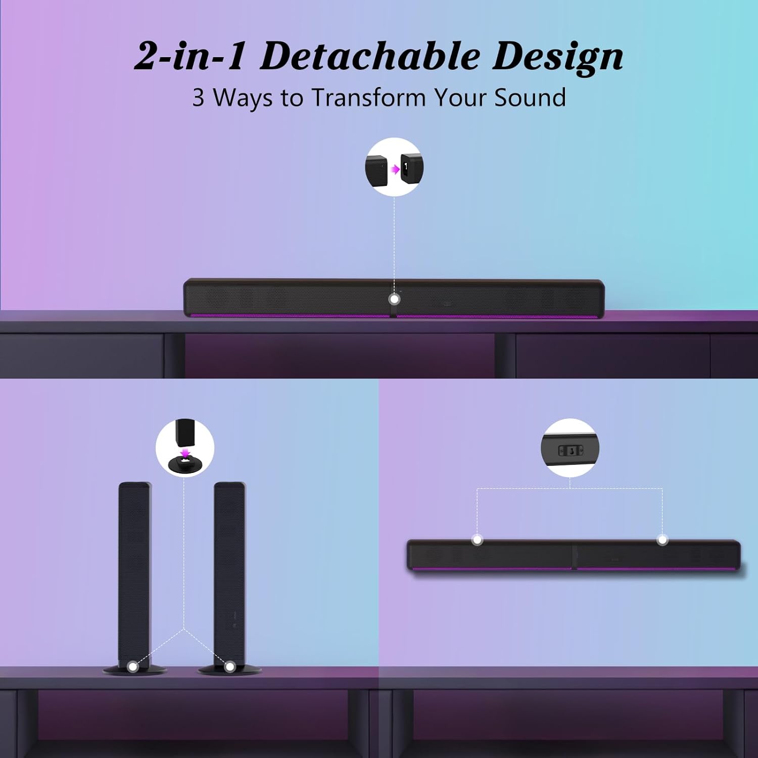 TV Sound Bar, Soundbar with RGB LED Lights & 2.1CH Bluetooth Speaker Surround System, 180W Surround Sound, AUX/Optical/HDMI ARC Home Theater Speaker, 2 in 1 Detachable for Smart TV/Projector/Gaming/PC - Image 6