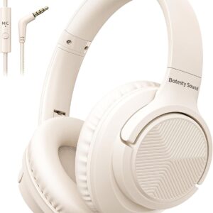 Headphones Wired with Microphone, Over Ear Foldable 3.5mm Plug in Headphones Corded with 4.9ft Tangle-Free Nylon Cord for Tablet, Laptop, MP3/4, School, Airplane Travel (Beige)