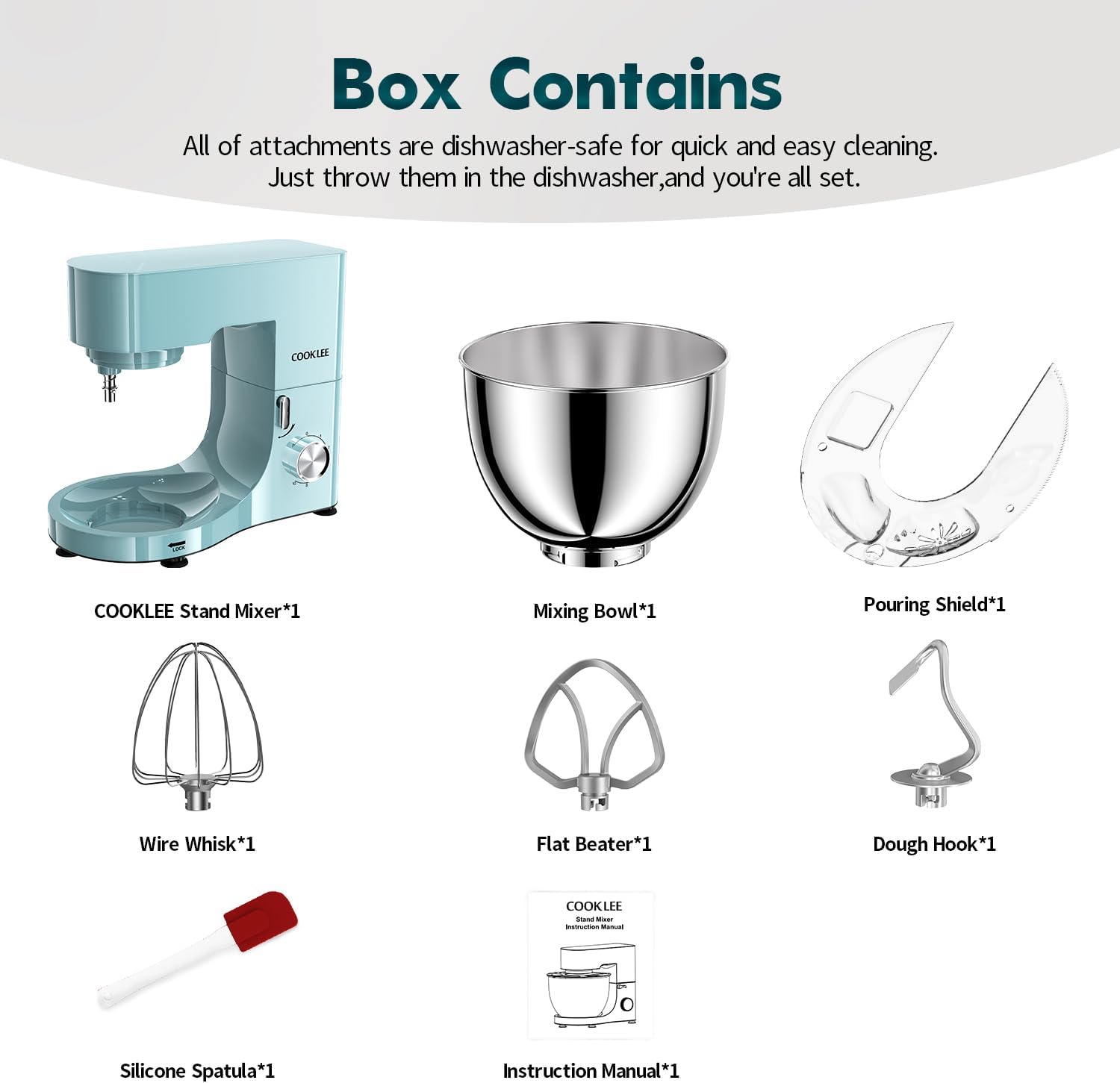 COOKLEE Stand Mixer, 9.5 Qt. 660W 10-Speed Electric Kitchen Mixer with Dishwasher-Safe Dough Hooks, Flat Beaters, Wire Whip & Pouring Shield Attachments for Most Home Cooks, Blue - Image 8