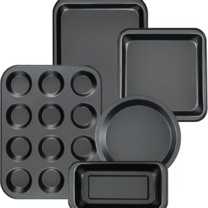 Kitchen 5-Piece Nonstick Bakeware Set – Round/Square Cake Pans, Muffin Pan, Loaf Pan, Roast Pan & Baking Sheets