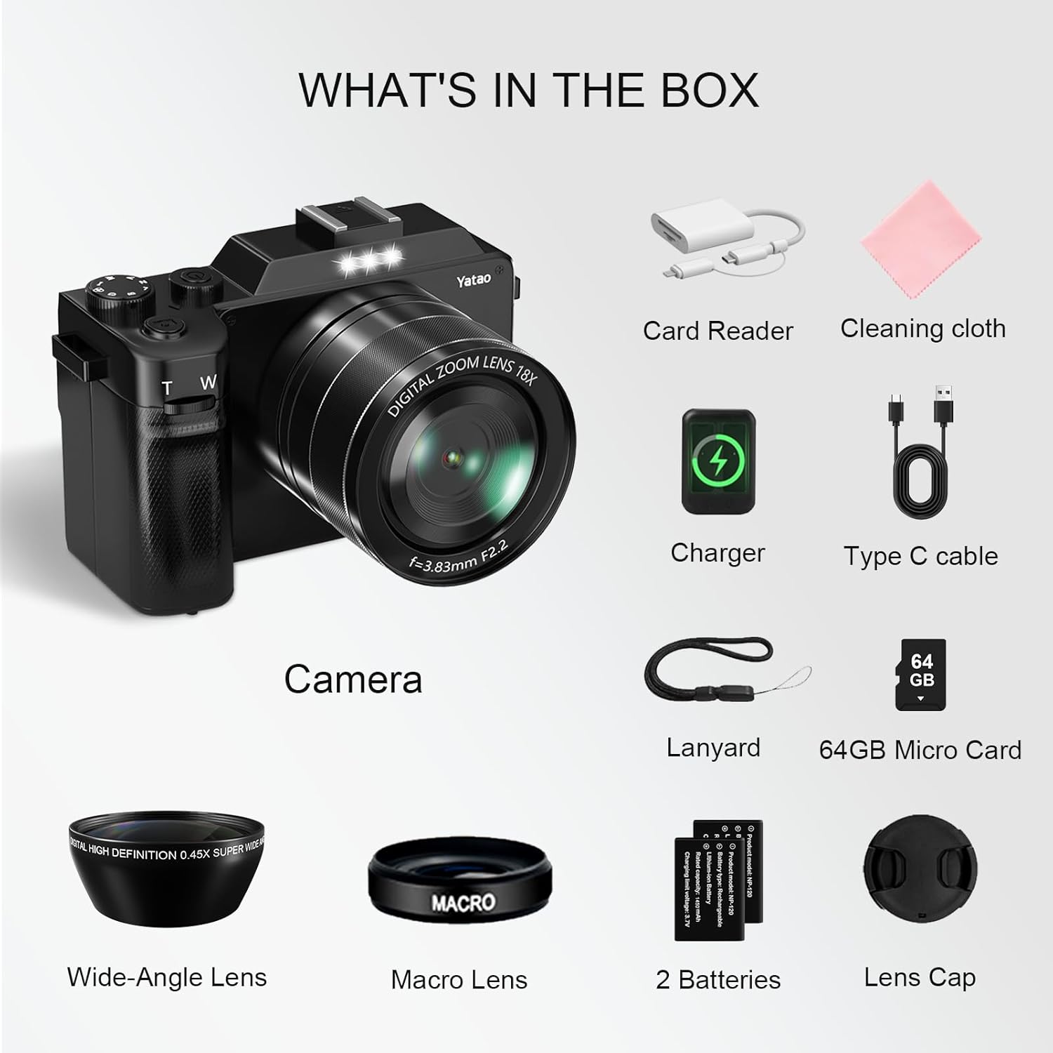 Yatao Digital Camera with WiFi, 4K 5K 64MP Photography Camera Kit for YouTube, Front and Rear Dual Camera for Convenient Selfie, Equipped with 64GB Micro Card, Wide & Macro Lens, Card Reader - Image 9