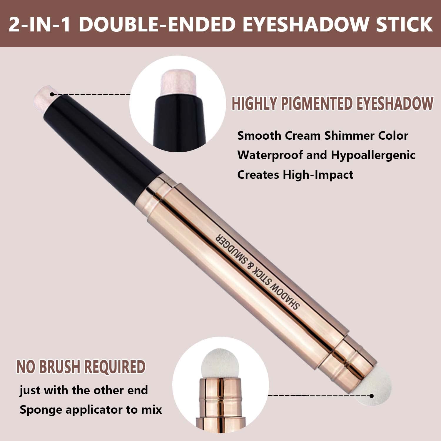Light Gold Eyeshadow Stick Makeup, Waterproof Hypoallergenic Long Lasting Crayon, Glitter Primer Palette Shimmer Eyeliner Pen with Soft Brush - Image 3