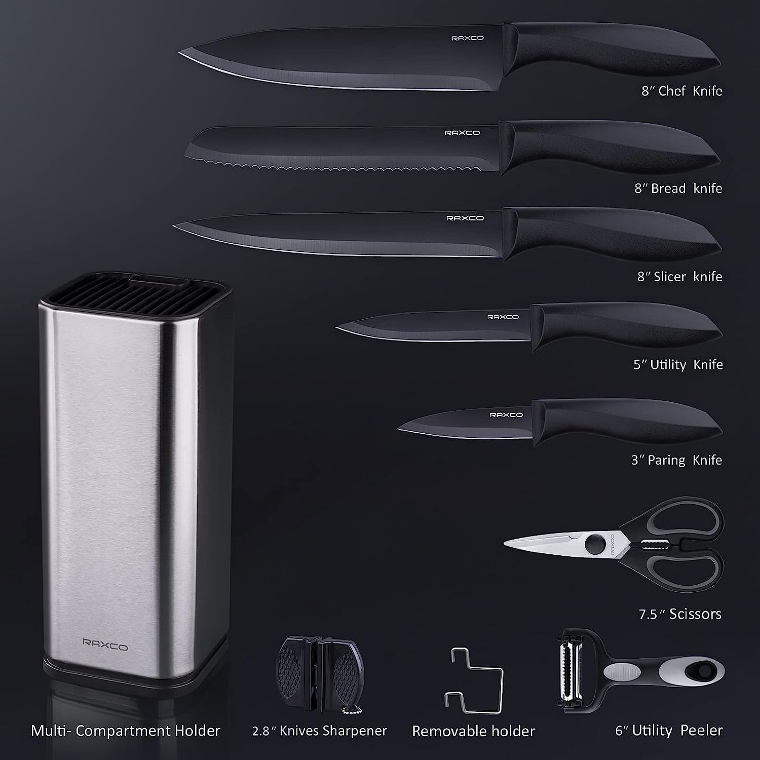 RAXCO Knife Set with Block,10-Piece Kitchen Knives Stainless Steel,Pro-Sharpened for Cooking,Slicing,Mincing,Dicing,Black - Image 7