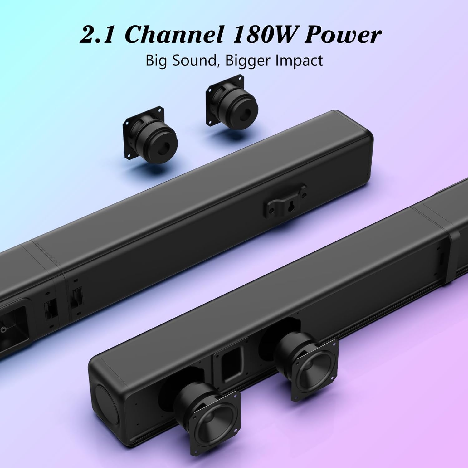 TV Sound Bar, Soundbar with RGB LED Lights & 2.1CH Bluetooth Speaker Surround System, 180W Surround Sound, AUX/Optical/HDMI ARC Home Theater Speaker, 2 in 1 Detachable for Smart TV/Projector/Gaming/PC - Image 3