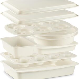 BRONYPRO Stackable Bakeware Set, 9-Piece Baking Pans Set with Non-Stick Coating and Innovative Handles, Includes Exclusive Donut Pan – Ideal for Home and Professional Baking（White)
