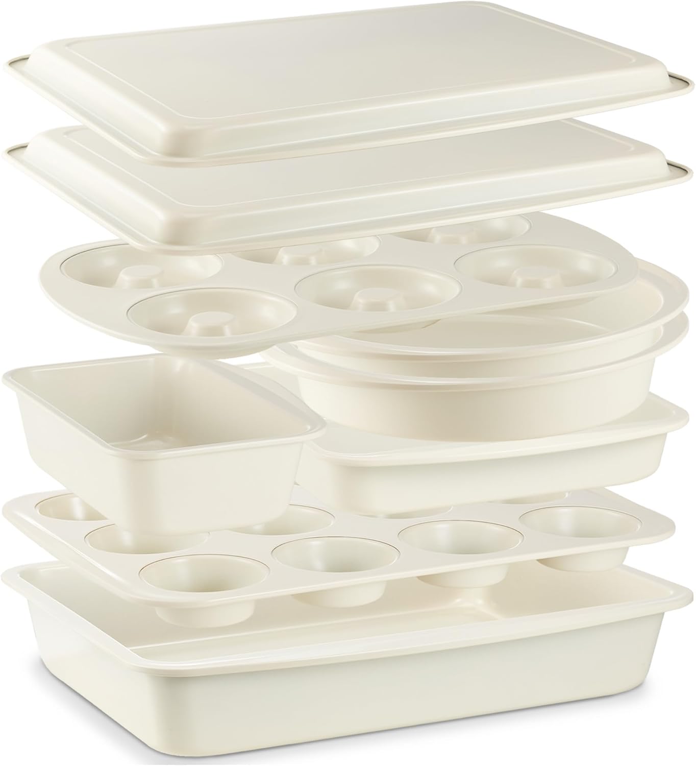 BRONYPRO Stackable Bakeware Set, 9-Piece Baking Pans Set with Non-Stick Coating and Innovative Handles, Includes Exclusive Donut Pan – Ideal for Home and Professional Baking(White)