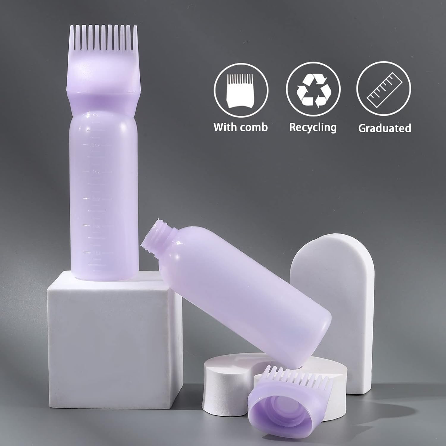 Pimoys Root Comb Applicator Bottle 6 Ounce, 2 Pack Oil Applicator for Hair Dye, Bottle Applicator Brush with Graduated Scale, Purple - Image 2