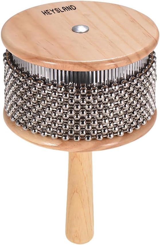 Heysland Wooden Cabasa Percussion Musical Instrument Metal Beaded Chain and Cylinder Pop Hand Shaker for Band Music Education 4.5inch
