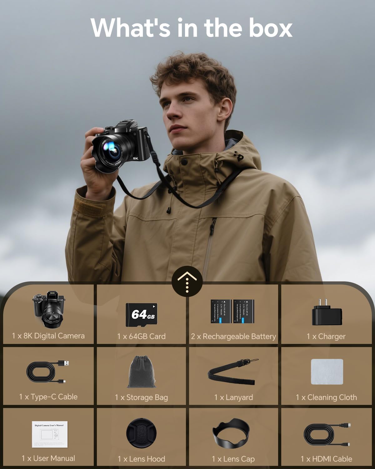 8K Digital Camera for Photography, 88MP Autofocus WiFi Vlogging Camera for YouTube Video with Front and Rear Lens, Flash, Touch Screen, Lens Hood, 64GB Card, 2 Batteries(Black) - Image 9