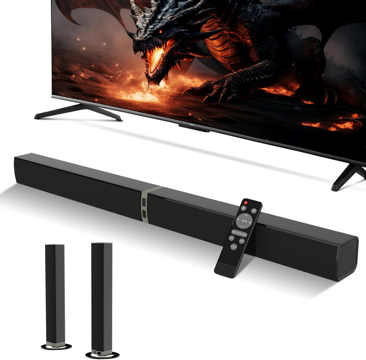MZEIBO Sound Bar for Smart TV,80W Detachable Bluetooth Soundbar with Powerful Bass, 2-in-1 Home Theater Audio System, ARC/Optical/AUX Connectivity for TV/PC/Laptop/Game Console - Image 2