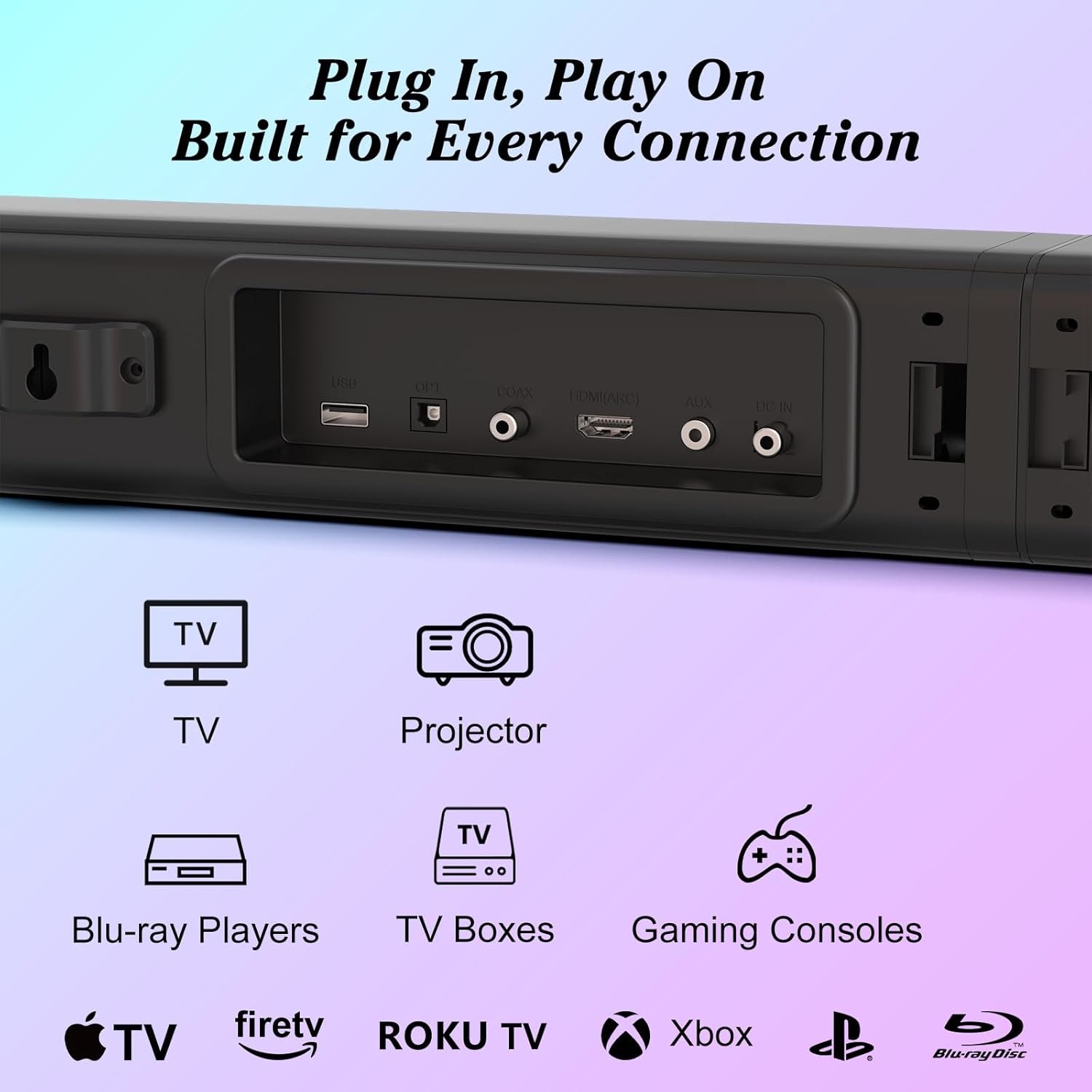 TV Sound Bar, Soundbar with RGB LED Lights & 2.1CH Bluetooth Speaker Surround System, 180W Surround Sound, AUX/Optical/HDMI ARC Home Theater Speaker, 2 in 1 Detachable for Smart TV/Projector/Gaming/PC - Image 5