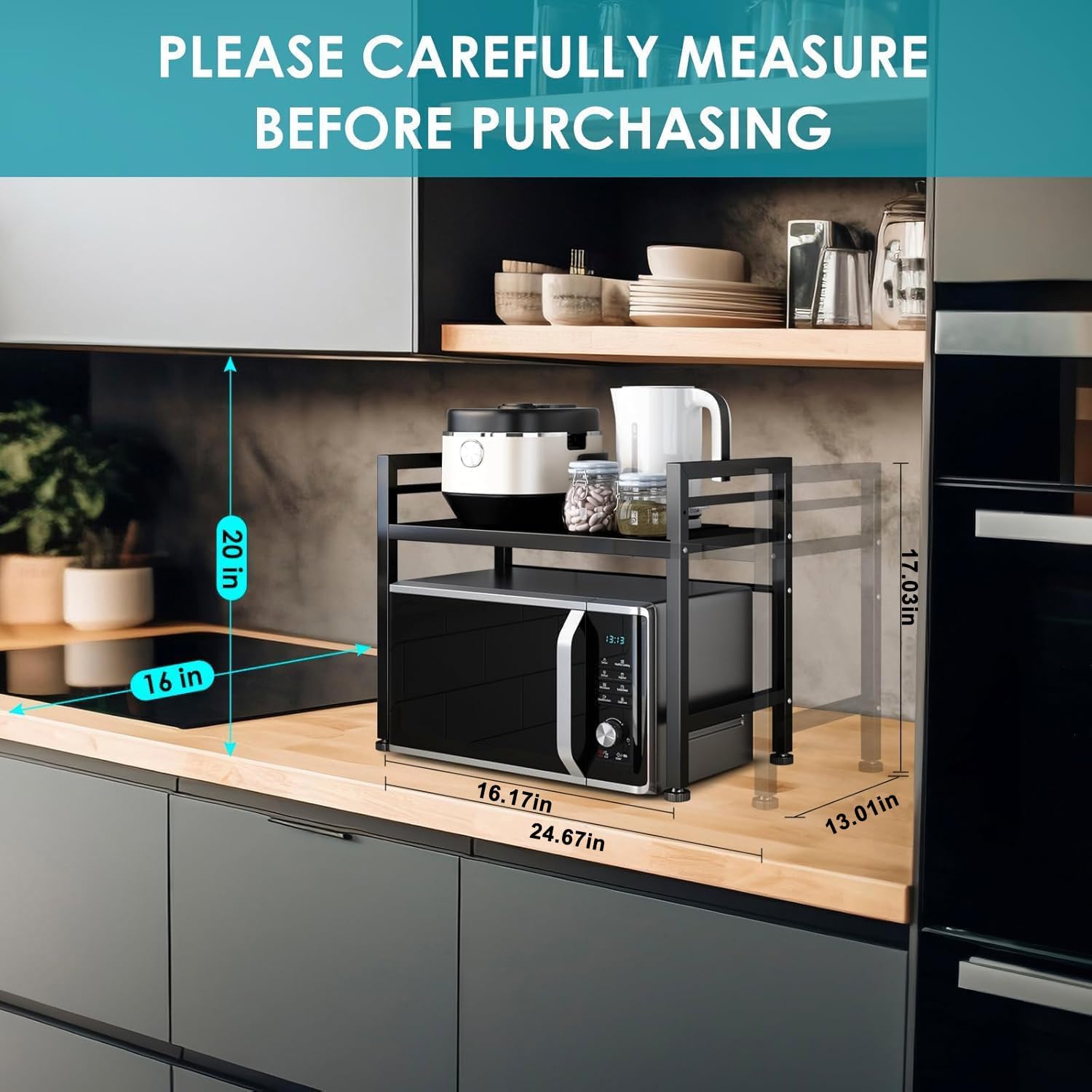 DOLALIKE Microwave Oven Rack, Expandable Microwave Stand Countertop Kitchen Utensils Tableware Storage, Carbon Steel Over Microwave Shelf Countertop with 3 Hooks - Image 5