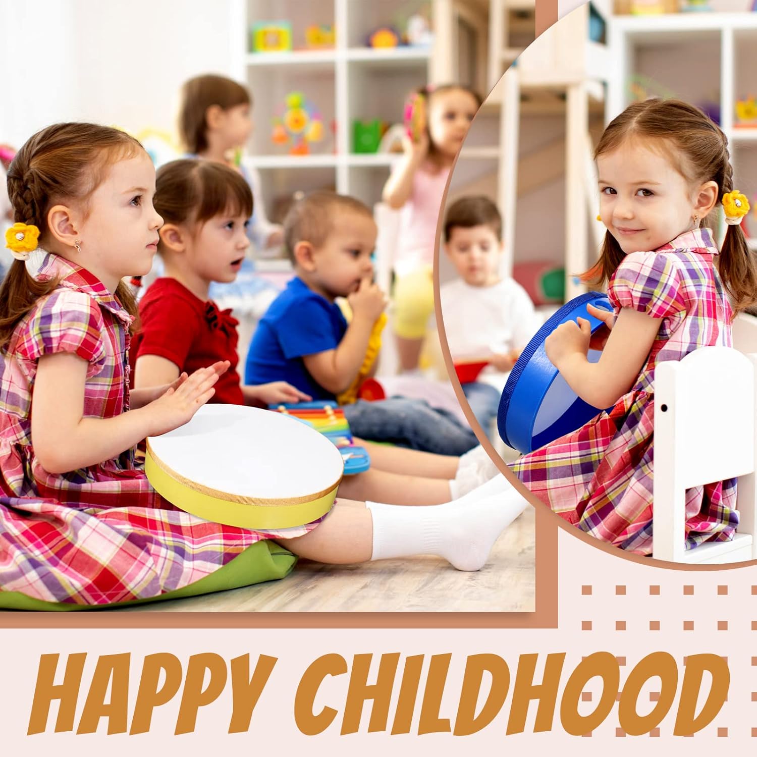 Boao 8 Pcs Kids Hand Drums Percussion Wood Frame Drums with Stick 12 Inch 10 Inch 8 Inch 6 Inch Percussion Musical Instruments for Christmas Home School Kids Adults Beginners Gifts, Multicolor - Image 6