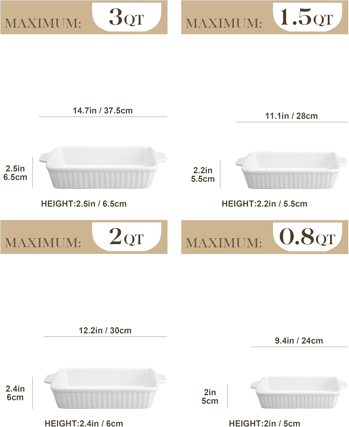 MALACASA Casserole Dishes for Oven, Porcelain Baking Dishes, Ceramic Bakeware Sets of 4, Rectangular Lasagna Pans Deep with Handles for Baking Cake Kitchen, White (9.4"/11.1"/12.2"/14.7"), Series - Image 2