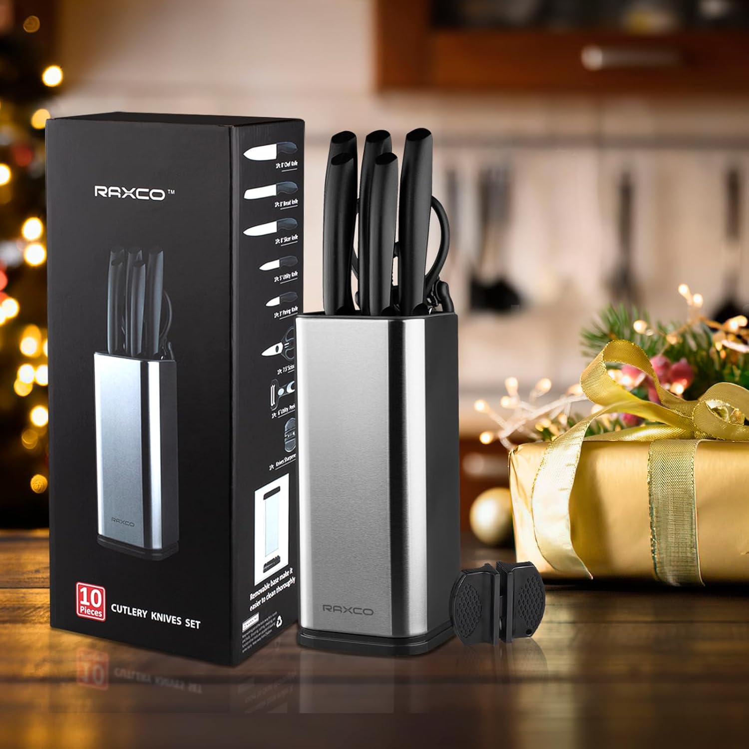 RAXCO Knife Set with Block,10-Piece Kitchen Knives Stainless Steel,Pro-Sharpened for Cooking,Slicing,Mincing,Dicing,Black - Image 6