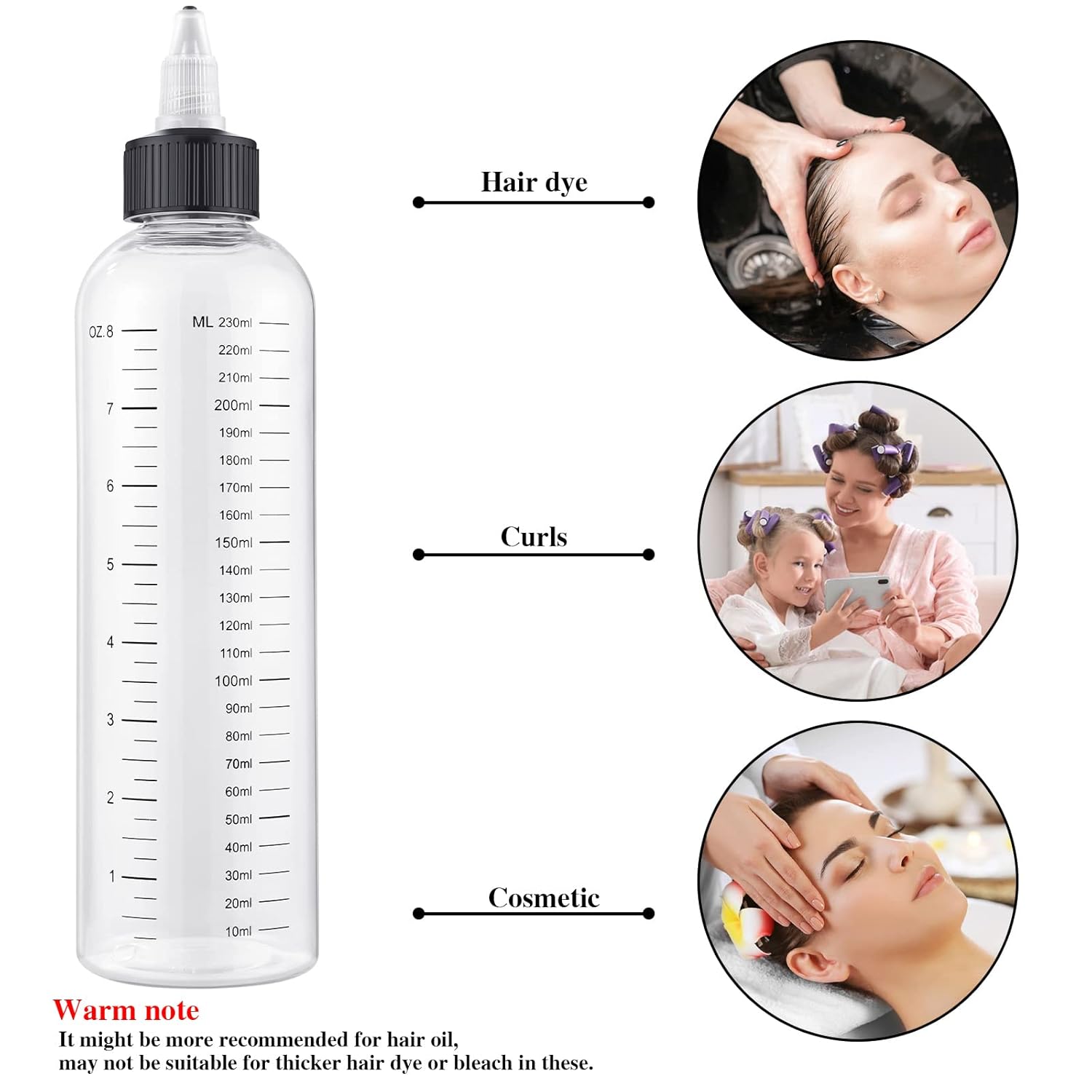 BESARME 2 Pack Applicator Bottle for Hair, 8.5 Ounce Hair Oil Applicator Plastic Squeeze Bottle Root Hair Dye Bottle Twist-On Top Tip Cap with Clear Graduated Scale - Image 5