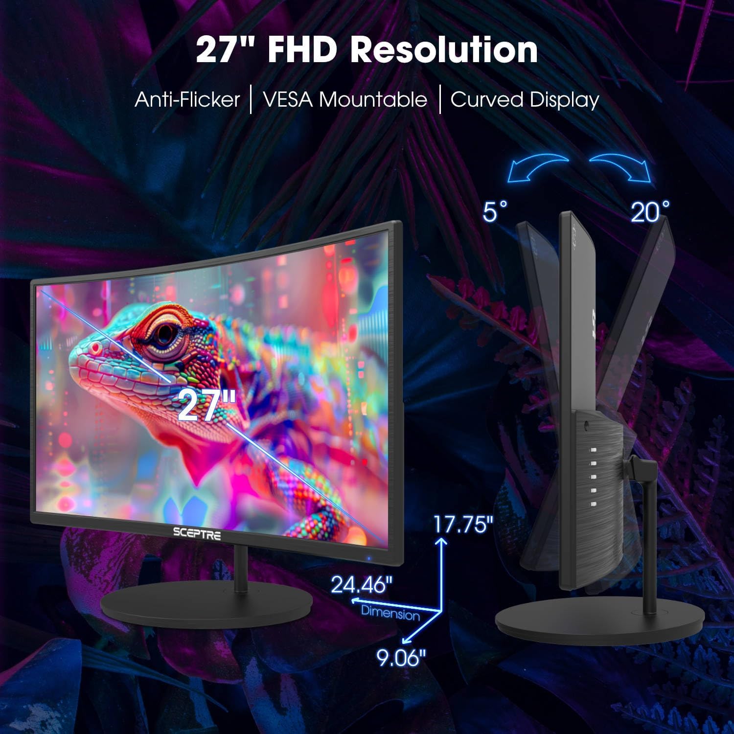Sceptre Curved 27" FHD 1080p 75Hz LED Monitor HDMI VGA Build-In Speakers, EDGE-LESS Metal Black 2019 (C275W-1920RN) - Image 5