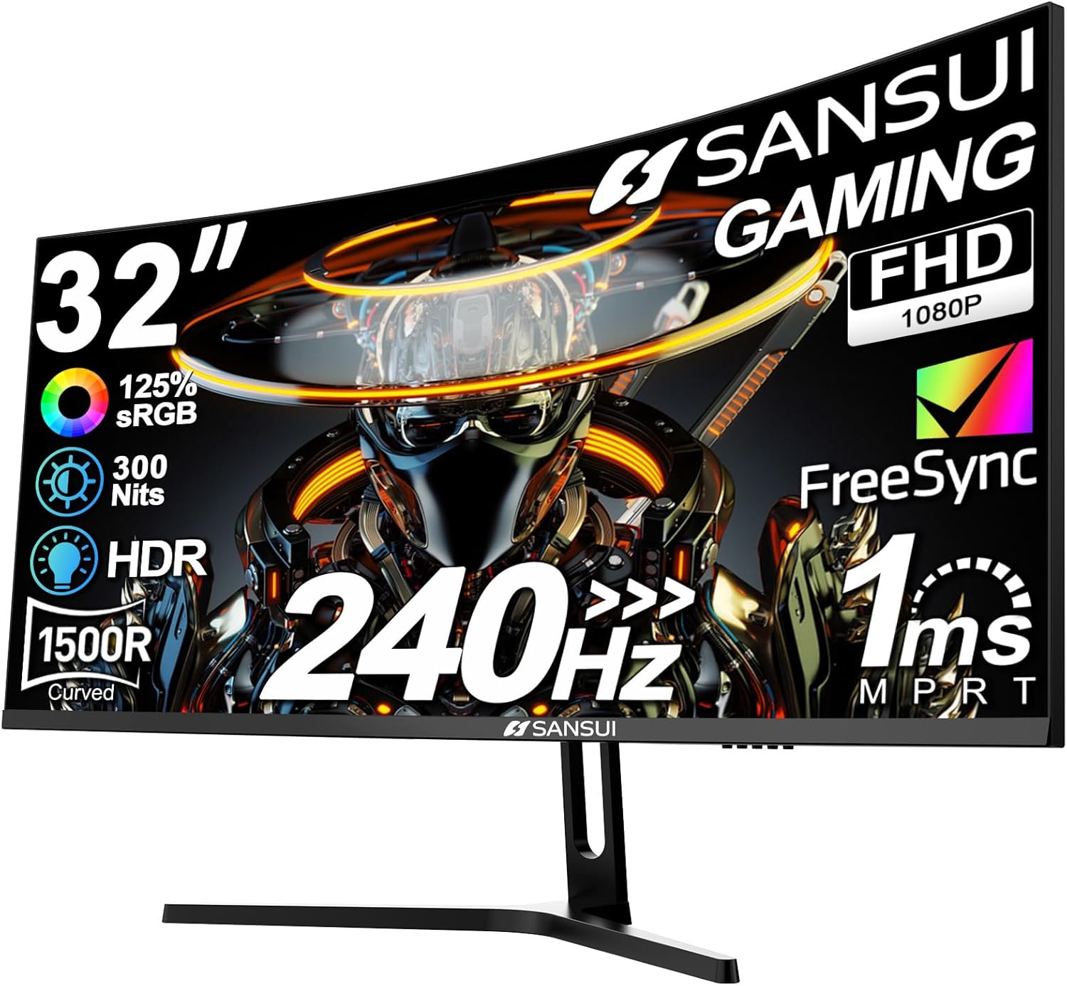 SANSUI 32 Inch Curved 240Hz Gaming Monitor High Refresh Rate, FHD 1080P Gaming PC Monitor HDMI DP1.4, Curved 1500R, 1Ms MPRT, HDR,Metal Stand,VESA Compatible (ES-G32C3F DP Cable Incl.)