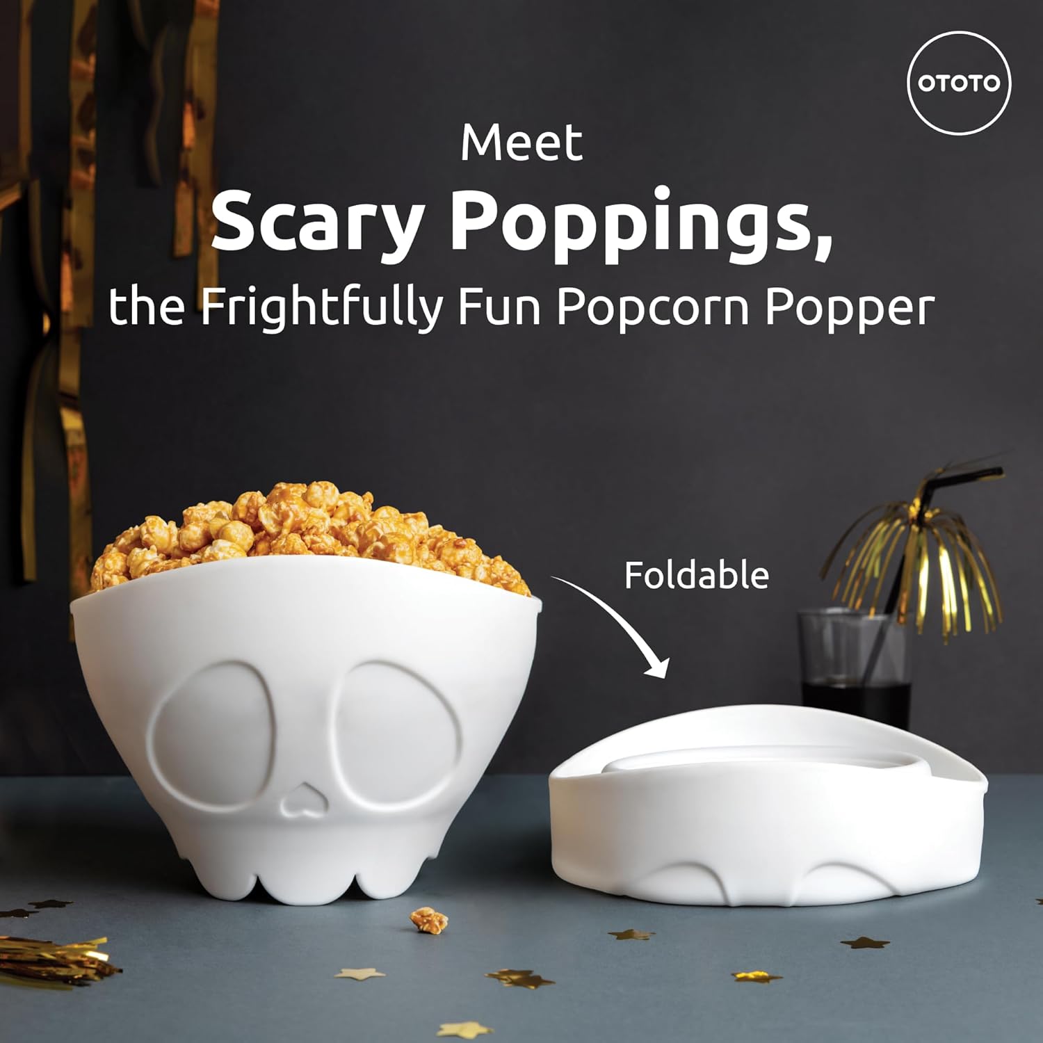 OTOTO New Scary Poppings Microwave Popcorn Popper - Gothic Popcorn Microwave Popper, Silicone Microwave Popcorn, Collapsible Bowl Popcorn Bowls, Halloween Goth Accessories Goth Gifts (White) - Image 2