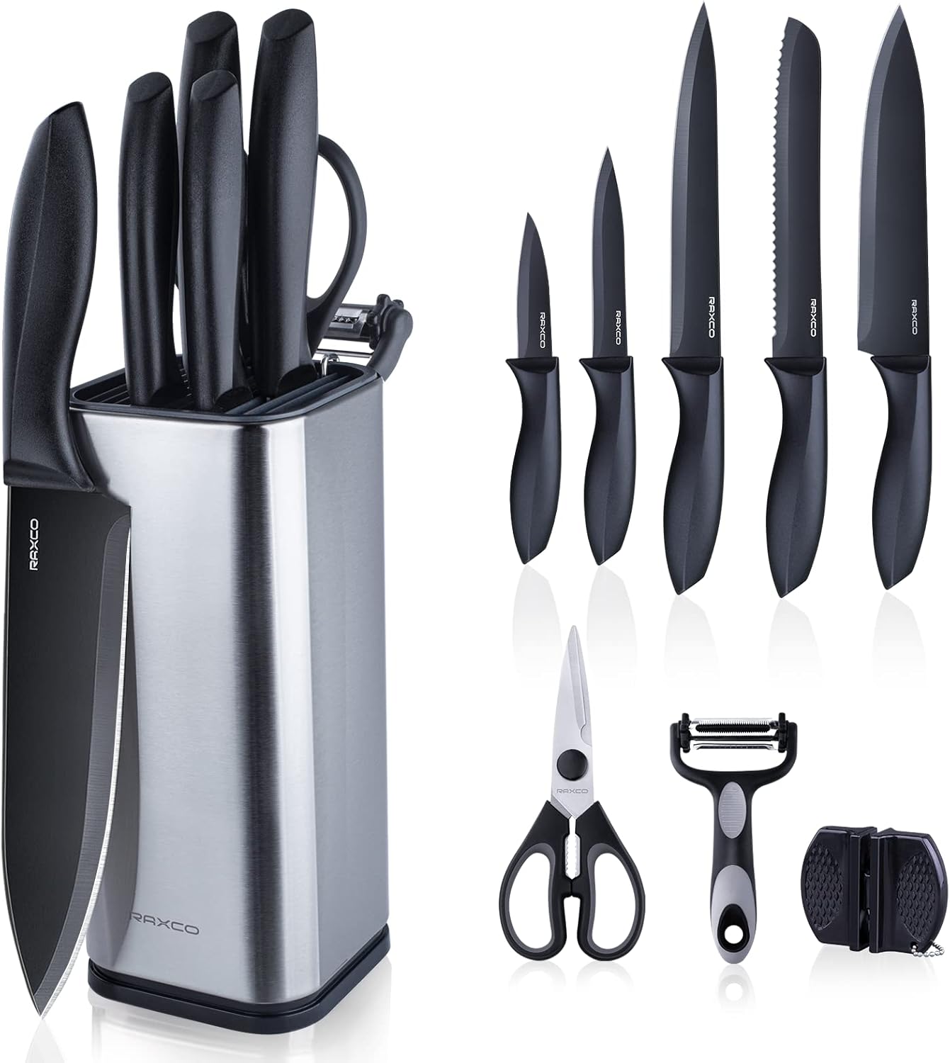 RAXCO Knife Set with Block,10-Piece Kitchen Knives Stainless Steel,Pro-Sharpened for Cooking,Slicing,Mincing,Dicing,Black