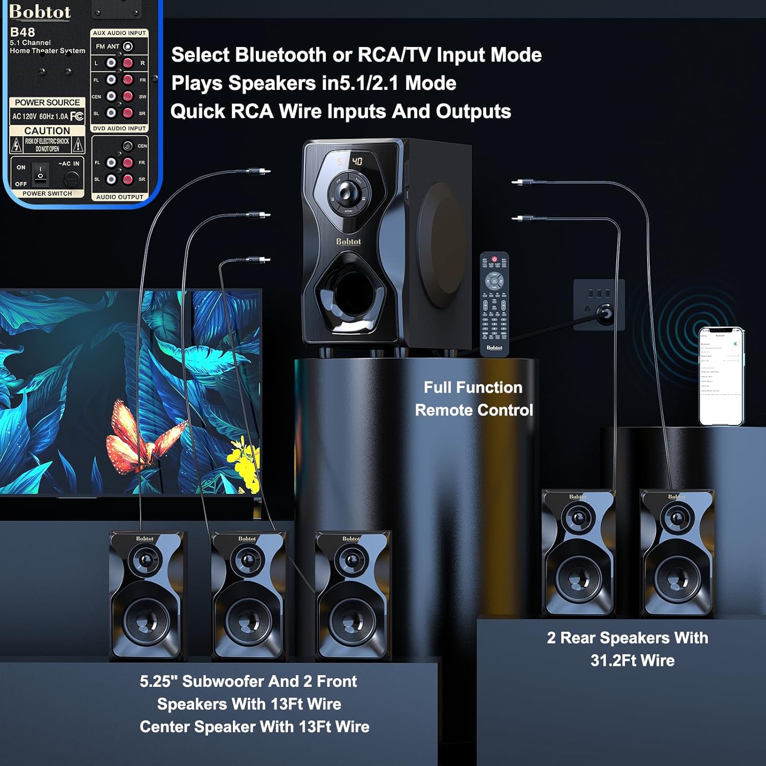 Bobtot Surround Sound Speakers Home Theater Systems - 700 Watts Peak Power 5.1/2.1Wired Stereo Speaker System 5.25" Subwoofer Strong Bass with Bluetooth HDMI ARC Optical Input - Image 6
