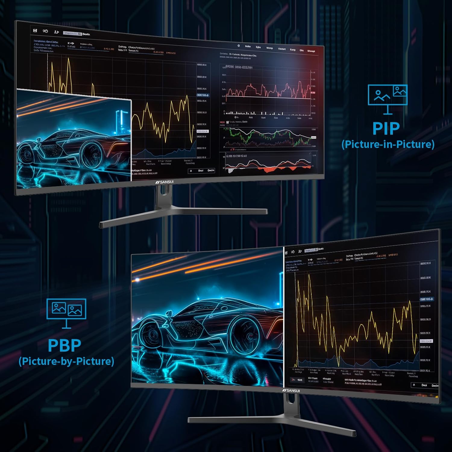 SANSUI 34-Inch Curved Gaming Monitor UWQHD 3440 x 1440 165Hz Curved 1500R - PIP/PBP, 1ms(MPRT), HDR, 300nits, sRGB 125%, DCI-P3 95%,FreeSync,HDMI x2,DP1.4 x2 (ES-G34C5 DP Cable Included) - Image 6