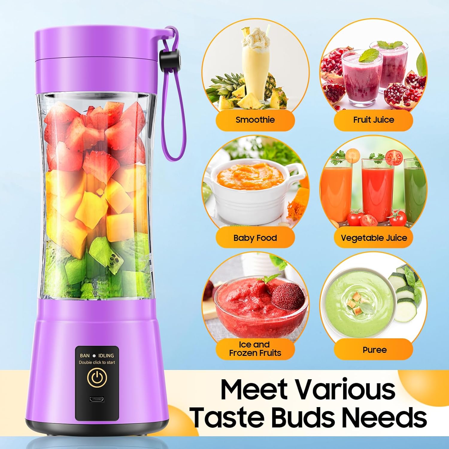 Cordless Portable Personal Size Blender - USB Rechargeable Blender for Smoothies and Shakes, 6 Blades with 380Ml BPA Free Juice Cup, Freshly Squeezed for Picnic/Sprots - Image 2