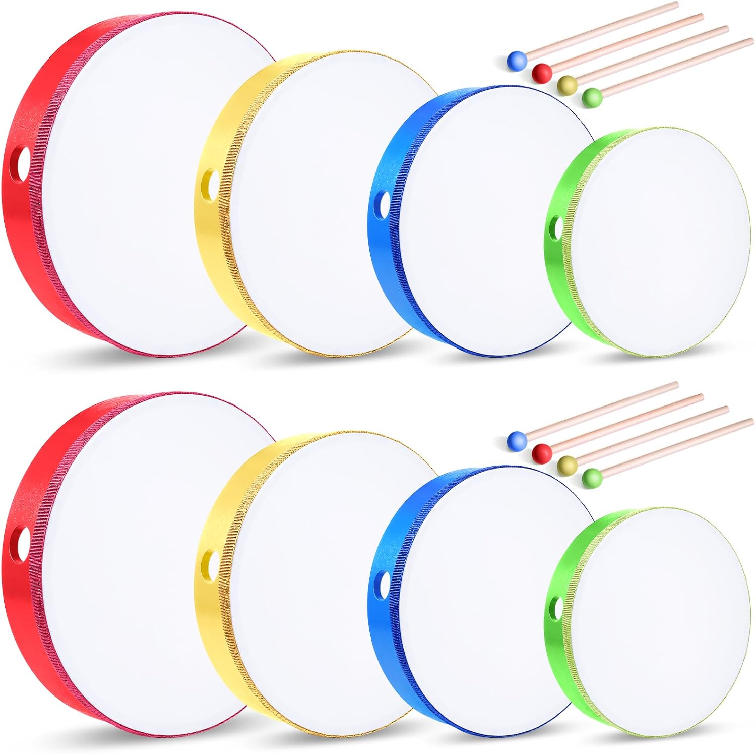 Boao 8 Pcs Kids Hand Drums Percussion Wood Frame Drums with Stick 12 Inch 10 Inch 8 Inch 6 Inch Percussion Musical Instruments for Christmas Home School Kids Adults Beginners Gifts, Multicolor