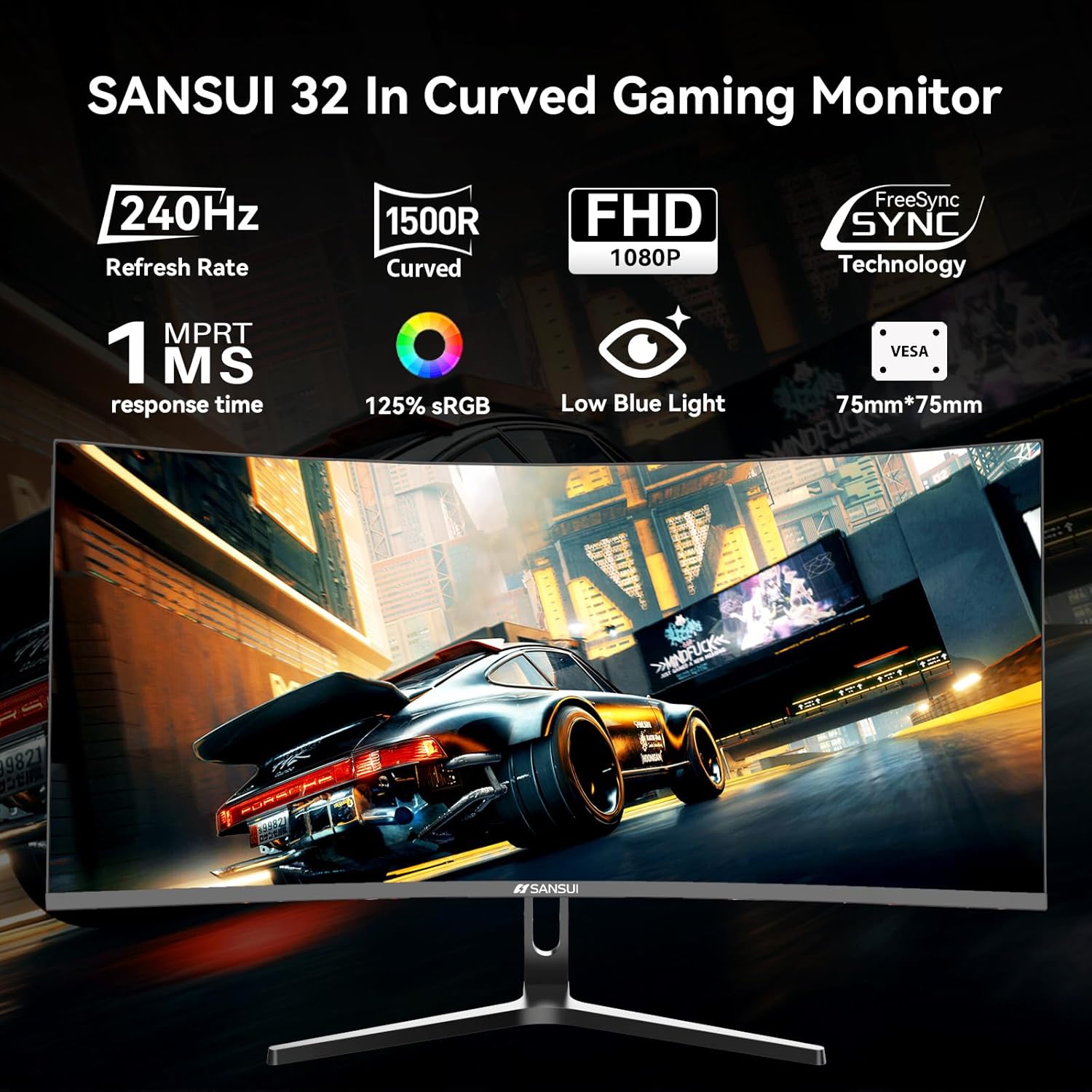 SANSUI 32 Inch Curved 240Hz Gaming Monitor High Refresh Rate, FHD 1080P Gaming PC Monitor HDMI DP1.4, Curved 1500R, 1Ms MPRT, HDR,Metal Stand,VESA Compatible (ES-G32C3F DP Cable Incl.) - Image 7