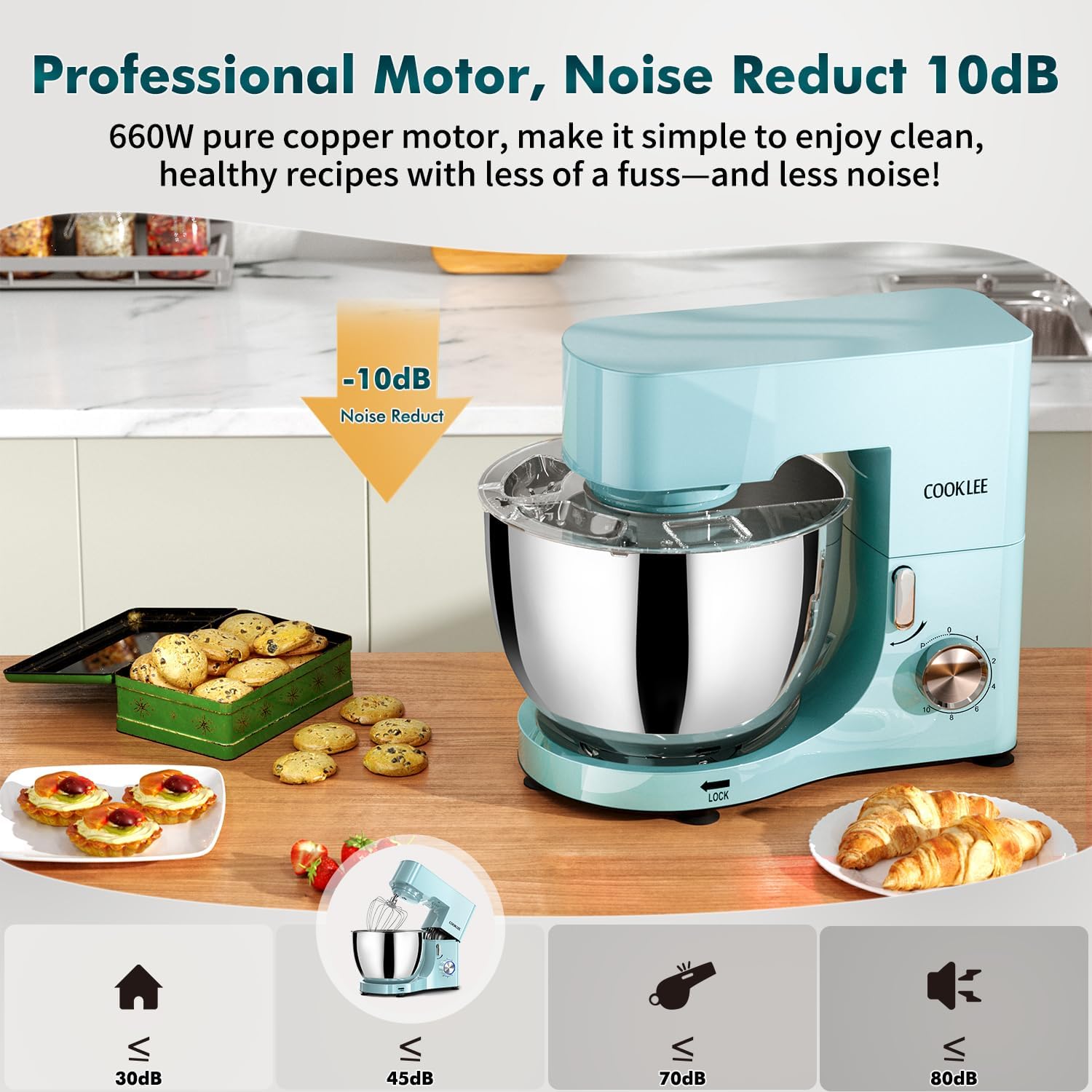COOKLEE Stand Mixer, 9.5 Qt. 660W 10-Speed Electric Kitchen Mixer with Dishwasher-Safe Dough Hooks, Flat Beaters, Wire Whip & Pouring Shield Attachments for Most Home Cooks, Blue - Image 9