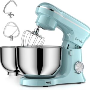 Facelle Tilt-Head Stand Mixer, 5QT+6QT Stainless Steel Two Bowls, 10 Speeds Kitchen Electric Food Mixer with Egg Whisk, Dough Hook, Beater, Dishwasher-Safe Attachment, Ideal Gift for Mom