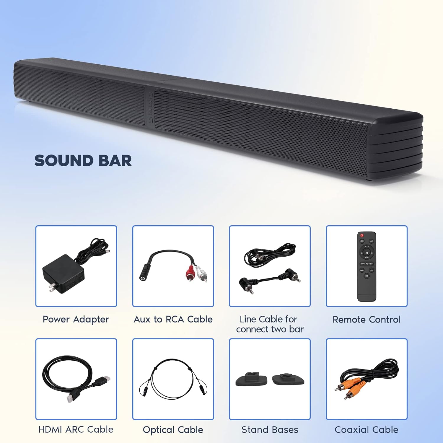 Sound Bar, Bass Speakers for Smart TV with Dual Subwoofer 3D Surround Sound System, 32 Inch 2.2CH Home Theater Audio Soundbar, HDMI ARC Connection, 2 in 1 Detachable & Wall Mountable - Image 10