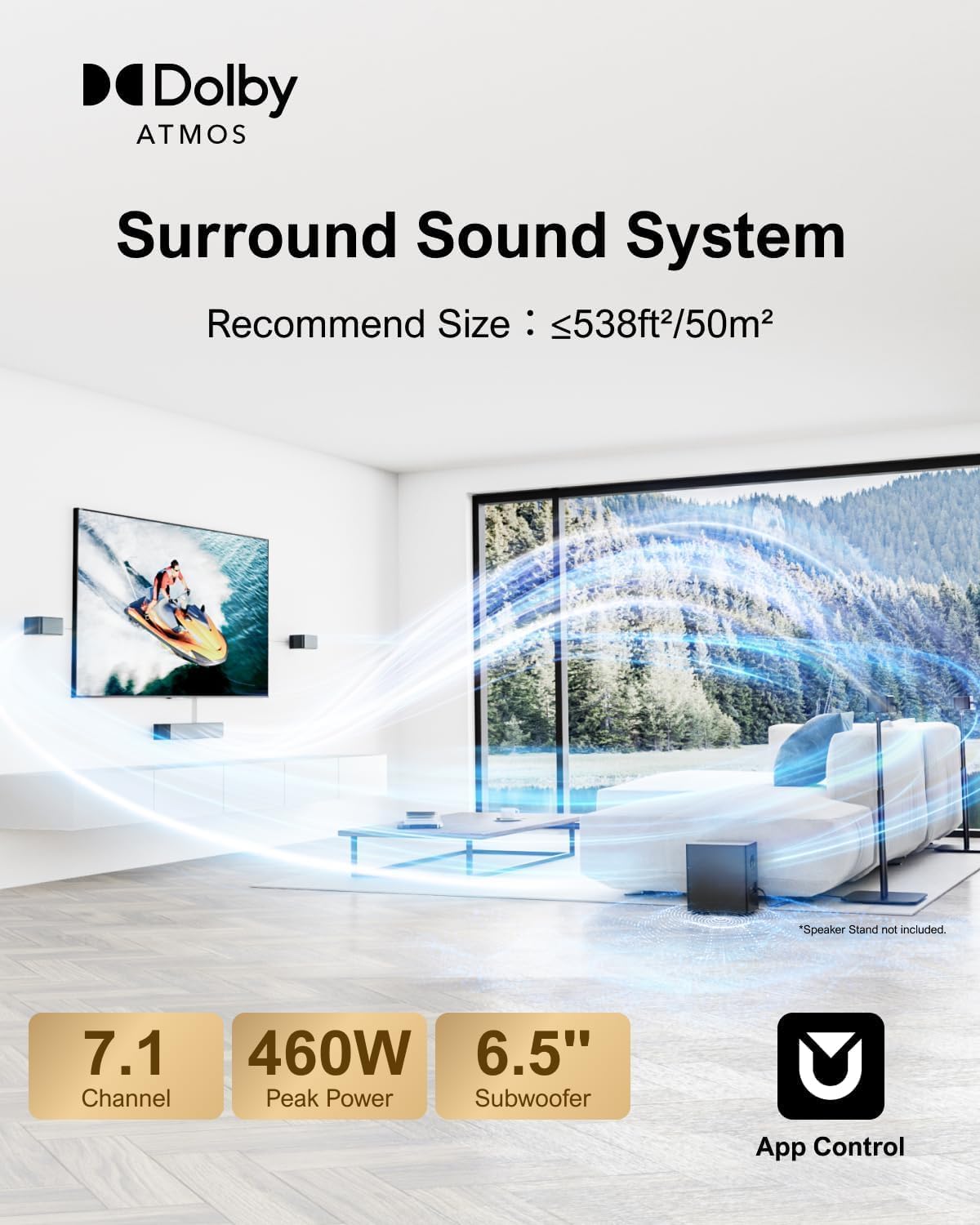 ULTIMEA 7.1 Surround Sound System for TV with Dolby Atmos, 460W Sound Bar for TV with 6.5" Subwoofer, APP Control, 4 Wired Surround Speakers, Home Theater Sound System, Poseidon D80 (2025 Upgrade) - Image 4