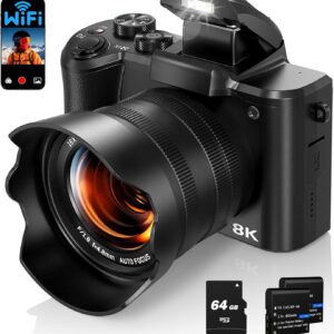 8K Digital Camera for Photography, 88MP Autofocus WiFi Vlogging Camera for YouTube Video with Front and Rear Lens, Flash, Touch Screen, Lens Hood, 64GB Card, 2 Batteries(Black)
