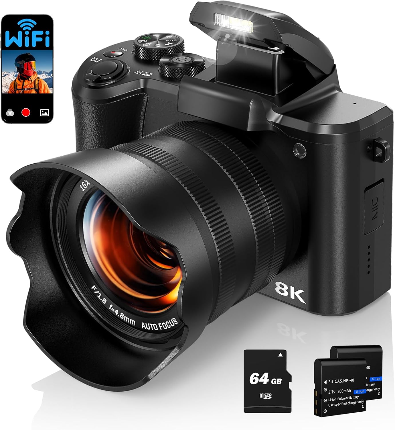 8K Digital Camera for Photography, 88MP Autofocus WiFi Vlogging Camera for YouTube Video with Front and Rear Lens, Flash, Touch Screen, Lens Hood, 64GB Card, 2 Batteries(Black)