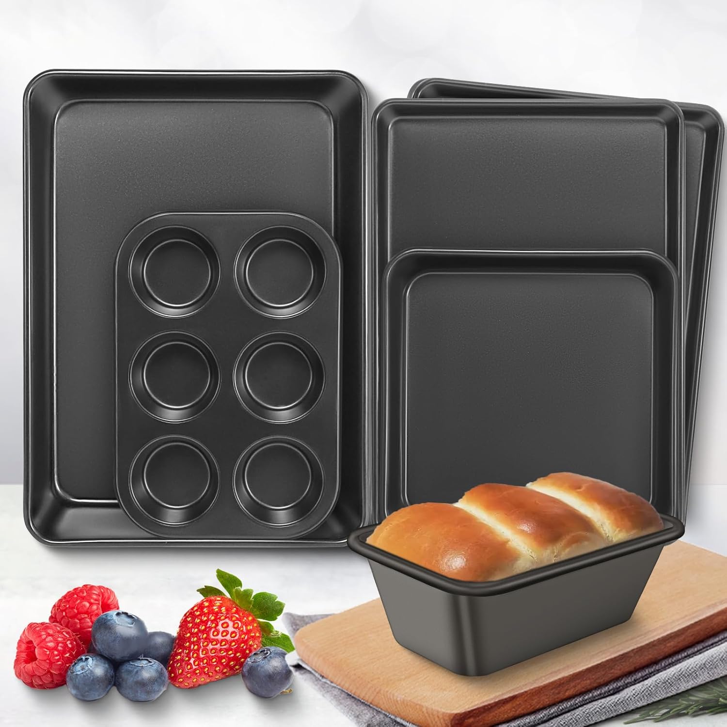 Baking Pans Set, Nonstick Bakeware Sets, Oven Pans for Cooking, AIVIKI 6 Pieces Baking Sheets Set Including Cookie Sheet, Deep Roaster Pan, Square Pan, Loaf Pan, Muffin Pan, Carbon Steel Baking Set - Image 7