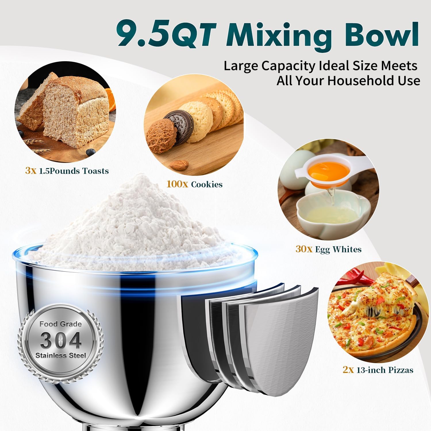 COOKLEE Stand Mixer, 9.5 Qt. 660W 10-Speed Electric Kitchen Mixer with Dishwasher-Safe Dough Hooks, Flat Beaters, Wire Whip & Pouring Shield Attachments for Most Home Cooks, Blue - Image 5