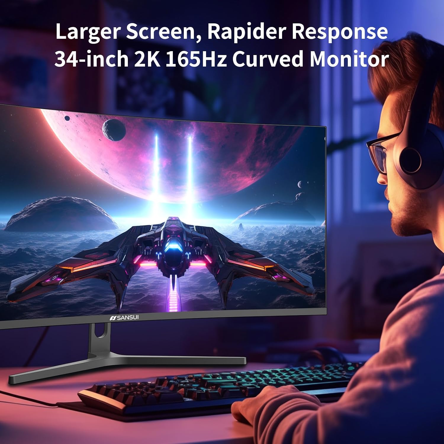 SANSUI 34-Inch Curved Gaming Monitor UWQHD 3440 x 1440 165Hz Curved 1500R - PIP/PBP, 1ms(MPRT), HDR, 300nits, sRGB 125%, DCI-P3 95%,FreeSync,HDMI x2,DP1.4 x2 (ES-G34C5 DP Cable Included) - Image 9