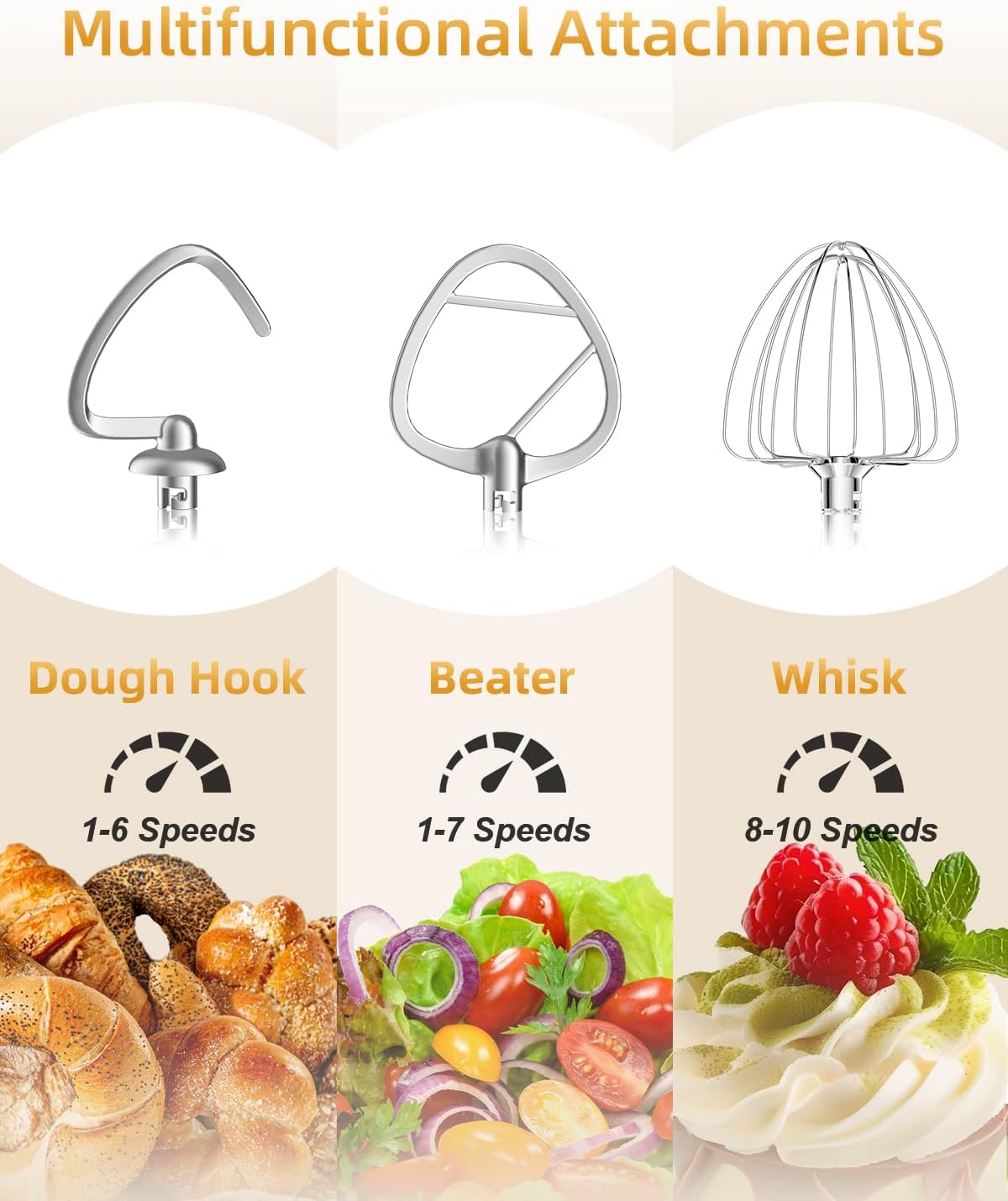 Facelle Tilt-Head Stand Mixer, 5QT+6QT Stainless Steel Two Bowls, 10 Speeds Kitchen Electric Food Mixer with Egg Whisk, Dough Hook, Beater, Dishwasher-Safe Attachment, Ideal Gift for Mom - Image 4