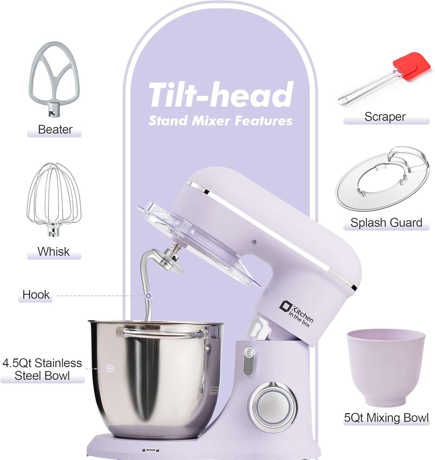 Kitchen in the box Stand Mixer, 4.5QT+5QT Two bowls Electric Food Mixer, 10 Speeds 3-IN-1 Kitchen Mixer for Daily Use with Egg Whisk,Dough Hook,Flat Beater (Lilac, 5QT) - Image 2