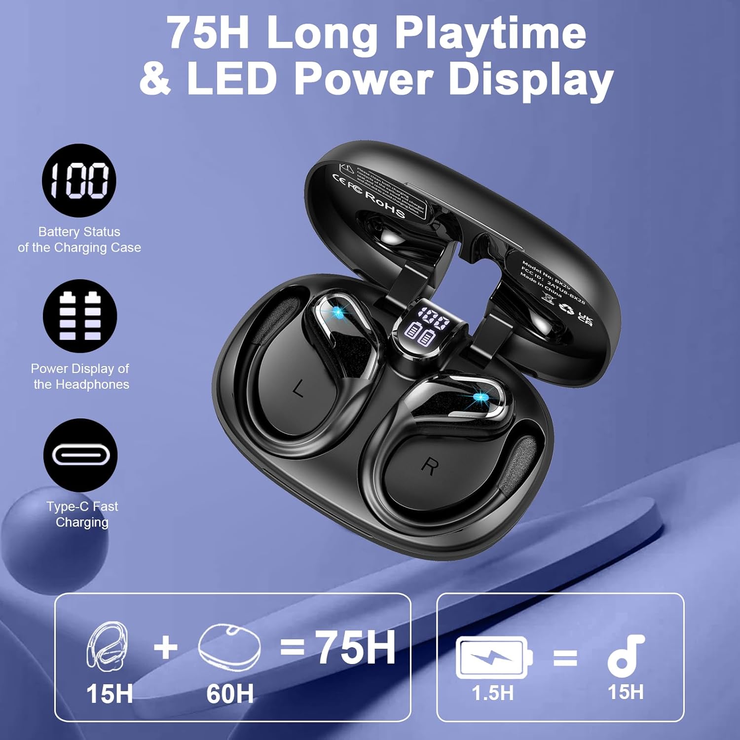 Wireless Earbud, 2025 New Bluetooth 5.4 Headphones 75Hrs Playtime, Bluetooth Earbuds Deep Bass Noise Cancelling Mic, Ear Bud with Sport Earhooks, IP7 Waterproof Wireless Earphones for Workout/Running - Image 3