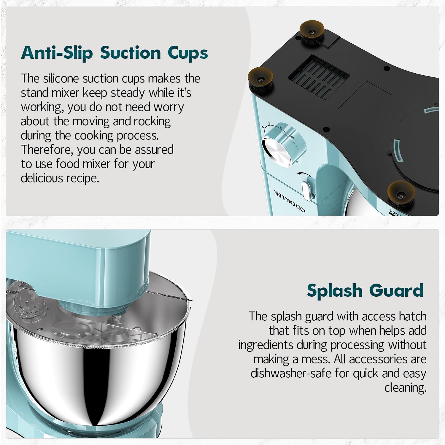 COOKLEE Stand Mixer, 9.5 Qt. 660W 10-Speed Electric Kitchen Mixer with Dishwasher-Safe Dough Hooks, Flat Beaters, Wire Whip & Pouring Shield Attachments for Most Home Cooks, Blue - Image 7