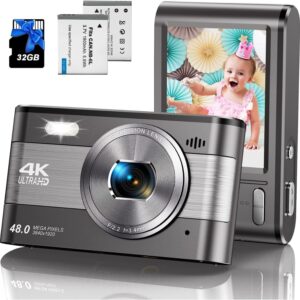 Digital Camera for Photography Autofocus 4K 48MP Compact Vlogging Camera for YouTube with 3 Inch Screen 18X Digital Zoom Point and Shoot Mini Travel Camera with 32GB SD Card, 2 Batteries