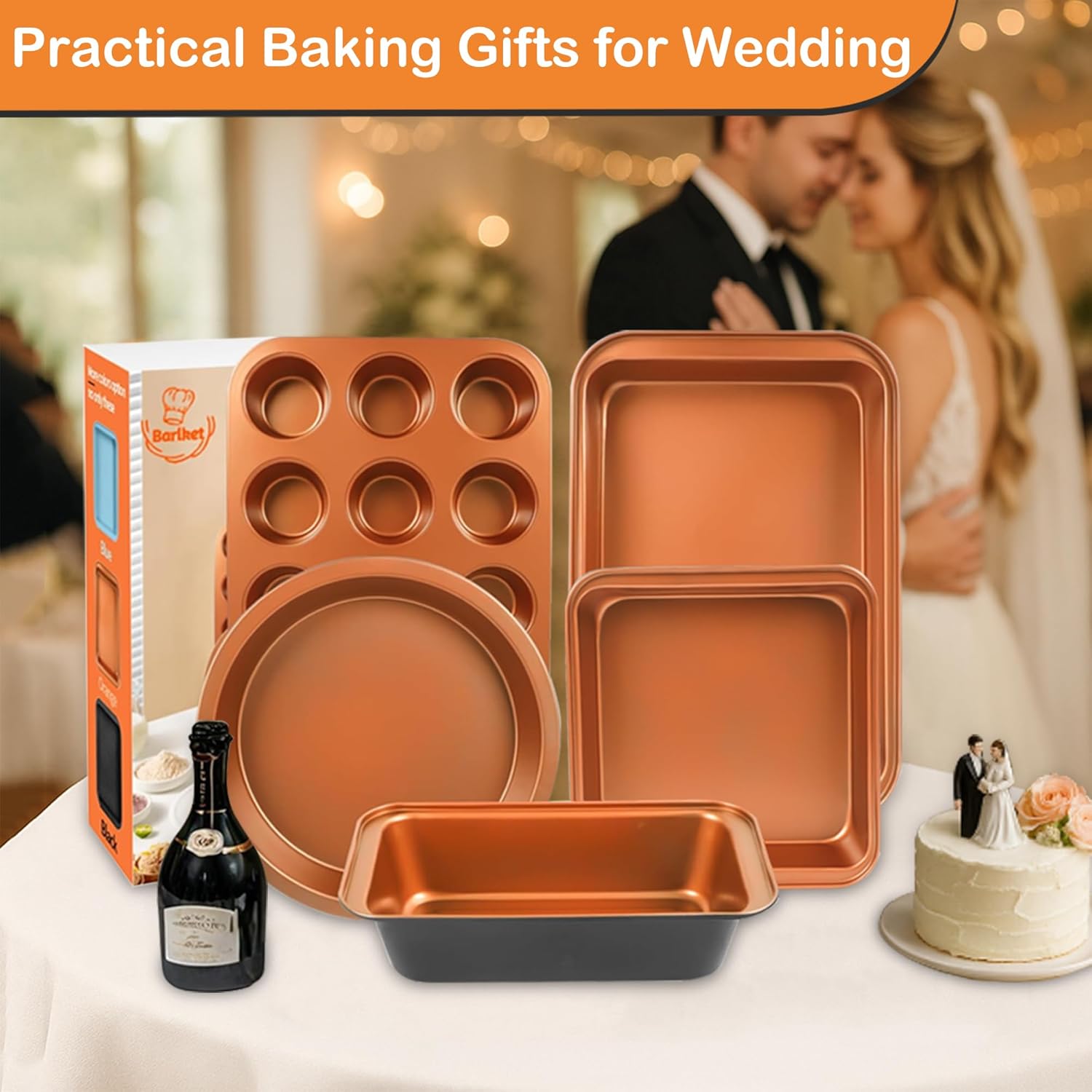 Baking Pans Set 6-Pieces, Non Stick Bakeware Set Stackable, with Cookie Sheet, Muffin, Round/Square Cake Pan, Loaf Pan, Rack, Oven Mitt for Home Baker, Gold - Image 3